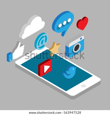Social media flat 3d isometric concept vector icons. Desktop, chat, video, camera, phone, tablet. Flat web illustration infographics collection. Social media flat 3d isometric concept vector icons. Desktop, chat, video, camera, phone, tablet. Flat web illustration infographics collection.