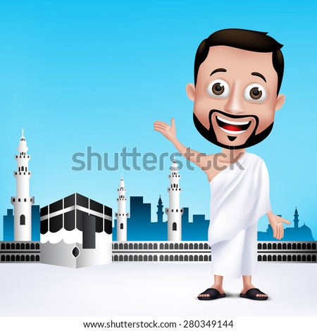 Realistic Muslim Man Character Wearing Ihram Cloths for Performing Hajj or Umrah Pilgrimage in Kaaba in Makkah with Black Stone in Background. Editable Vector Illustration. - stock vector