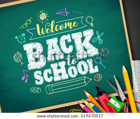 Welcome back to school text drawing by colorful chalk in blackboard with school items and elements. Vector illustration banner.
Welcome back to school text drawing by colorful chalk in blackboard with school items and elements. Vector illustration banner.