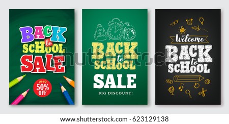 Back to school sale vector set of poster and banner with colorful title and elements in black and green background for retail marketing promotion and education related. Vector illustration.
Back to school sale vector set of poster and banner with colorful title and elements in black and green background for retail marketing promotion and education related. Vector illustration.