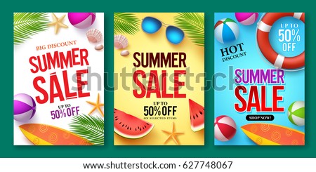 Summer sale vector poster set with 50% off discount text and summer elements in colorful backgrounds for store marketing promotion. Vector illustration.
Summer sale vector poster set with 50% off discount text and summer elements in colorful backgrounds for store marketing promotion. Vector illustration.
