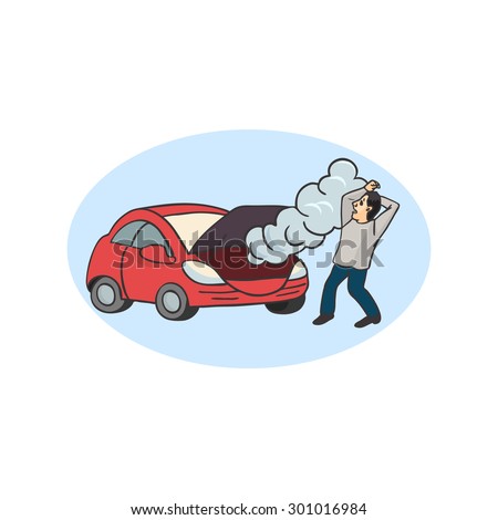 Broken car cartoon vector illustration. Man having Car Trouble  stock 