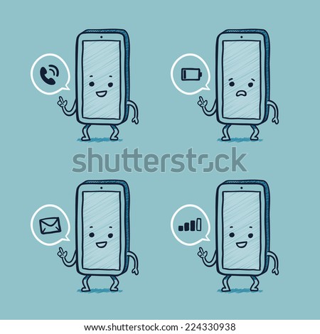  character with common alerts, low battery, calling - stock vector