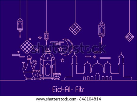 Eid Al Fitr background in mono line style with shadow for Eid and Ramadan mubarak Greeting card, invitation for muslim community. Vector illustration. Eps.10 Eid Al Fitr background in mono line style with shadow for Eid and Ramadan mubarak Greeting card, invitation for muslim community. Vector illustration. Eps.10
