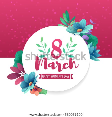 Round banner with the logo for the International Women's Day on pink background. Flyer for March 8 with the decor of flowers. Invitations with frame of spring plants, leaves and flowers. Vector. Round banner with the logo for the International Women's Day on pink background. Flyer for March 8 with the decor of flowers. Invitations with frame of spring plants, leaves and flowers. Vector.
