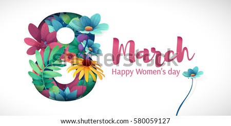 Banner for the International Women's Day. Flyer for March 8 with the decor of flowers. Invitations with the number 8 in the style of cut paper with a pattern of spring plants, leaves and flowers Banner for the International Women's Day. Flyer for March 8 with the decor of flowers. Invitations with the number 8 in the style of cut paper with a pattern of spring plants, leaves and flowers
