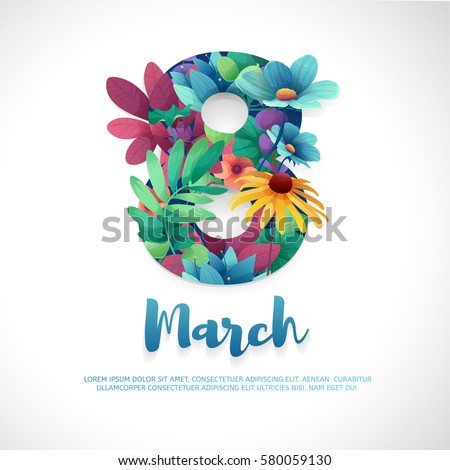 Banner for the International Women's Day. Flyer for March 8 with the decor of flowers. Invitations with the number 8 in the style of cut paper with a pattern of spring plants, leaves and flowers Banner for the International Women's Day. Flyer for March 8 with the decor of flowers. Invitations with the number 8 in the style of cut paper with a pattern of spring plants, leaves and flowers