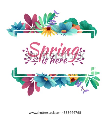 Design banner with spring is here logo. Card for spring season with white frame and herb. Promotion offer with spring plants, leaves and flowers decoration. Vector Design banner with spring is here logo. Card for spring season with white frame and herb. Promotion offer with spring plants, leaves and flowers decoration. Vector