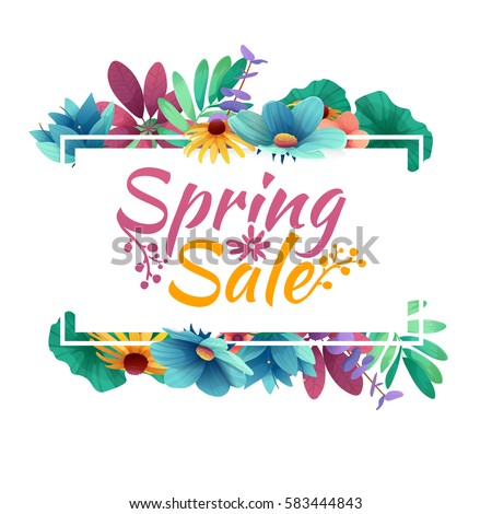 Design banner with spring sale logo. Discount card for spring season with white frame and herb. Promotion offer with spring plants, leaves and flowers decoration. Vector Design banner with spring sale logo. Discount card for spring season with white frame and herb. Promotion offer with spring plants, leaves and flowers decoration. Vector