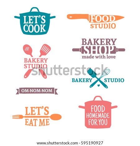 Set of color vintage retro handmade badges, labels and logo elements, retro symbols for bakery shop, cooking club, food studio or home cooking. Template logo with silhouette cutlery. Vector. Set of color vintage retro handmade badges, labels and logo elements, retro symbols for bakery shop, cooking club, food studio or home cooking. Template logo with silhouette cutlery. Vector.