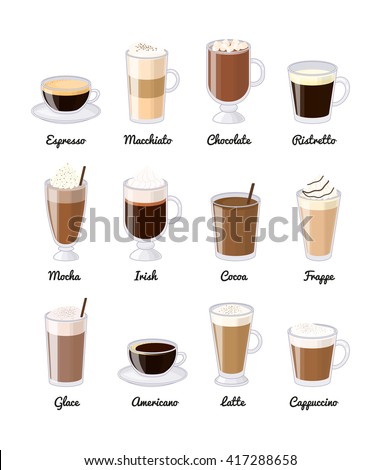 Different coffee drinks isolated on white background. Espresso, macchiato, chocolate, ristretto, mocha, irish, cocoa, frappe, glace, americano, latte, cappuccino. - stock vector Different coffee drinks isolated on white background. Espresso, macchiato, chocolate, ristretto, mocha, irish, cocoa, frappe, glace, americano, latte, cappuccino. - stock vector