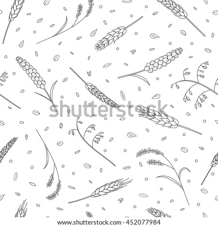 Black and white seamless pattern with hand drawn outline cereals, grains. - stock vector Black and white seamless pattern with hand drawn outline cereals, grains. - stock vector