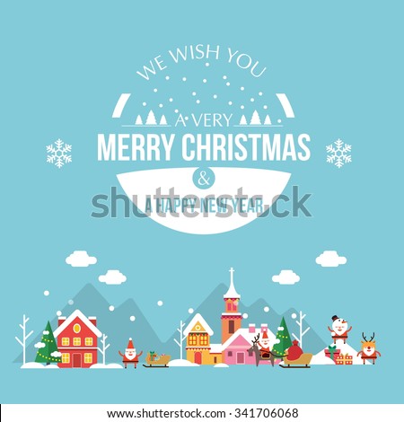 Stock Vector Christmas Holiday Modern Flat Design With Cute Little Town Happy New Year Greeting Ca New Year Greetings New Year Greeting Cards Christmas Vectors