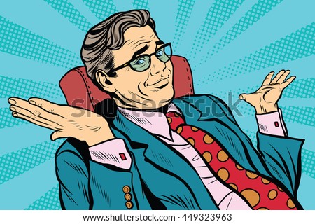 oops sorry business man. Pop art retro vector, realistic hand drawn illustration. businessman throws up his hands - stock vector oops sorry business man. Pop art retro vector, realistic hand drawn illustration. businessman throws up his hands - stock vector