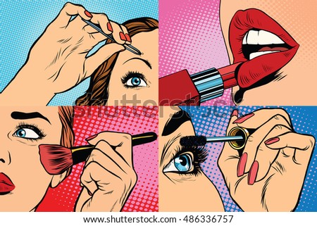 Set of makeup and cosmetic beauty woman, pop art retro vector illustration. Lips, eyes, eyebrows and skin Set of makeup and cosmetic beauty woman, pop art retro vector illustration. Lips, eyes, eyebrows and skin