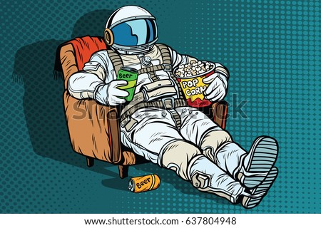 Astronaut the audience with beer and popcorn sitting in a chair. loneliness in space. Pop art retro vector illustration Astronaut the audience with beer and popcorn sitting in a chair. loneliness in space. Pop art retro vector illustration