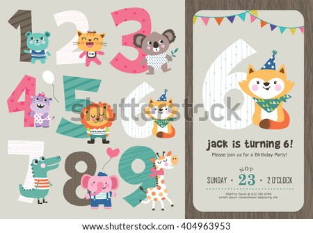 Birthday Anniversary Numbers with Cute Animals & Birthday Party Invitation Card Template - stock vector Birthday Anniversary Numbers with Cute Animals & Birthday Party Invitation Card Template - stock vector