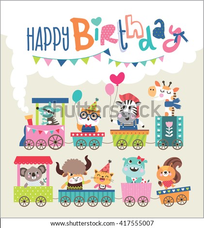 Birthday card with cute animals on train - stock vector Birthday card with cute animals on train - stock vector