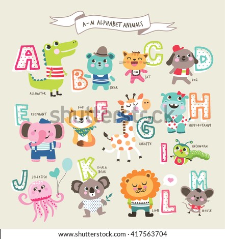 Cute cartoon animals alphabet from A to M - stock vector Cute cartoon animals alphabet from A to M - stock vector