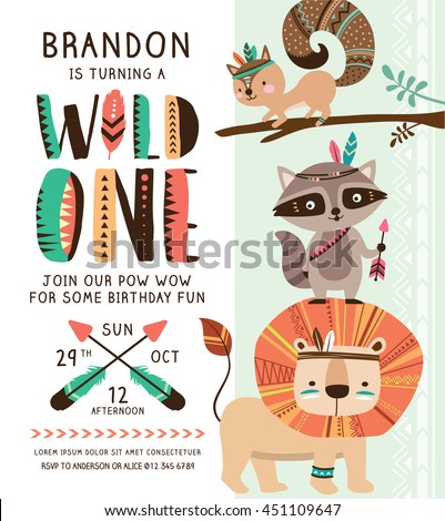 Kids birthday party invitation card with cartoon tribal animals - stock vector Kids birthday party invitation card with cartoon tribal animals - stock vector