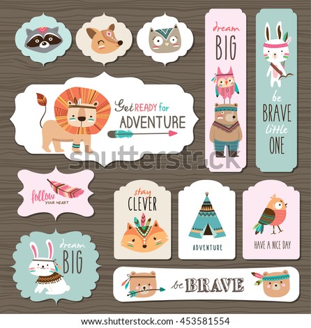 Set of creative cards templates with cute tribal animals and quotes. - stock vector Set of creative cards templates with cute tribal animals and quotes. - stock vector
