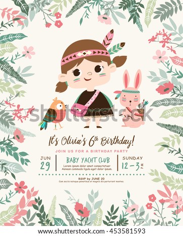 Kids birthday party invitation card with a cute little girl and friends - stock vector Kids birthday party invitation card with a cute little girl and friends - stock vector