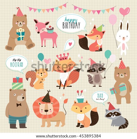Set of cute cartoon animals for birthday card design - stock vector Set of cute cartoon animals for birthday card design - stock vector