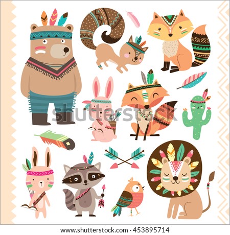 Set of cute tribal animals in cartoon style - stock vector Set of cute tribal animals in cartoon style - stock vector