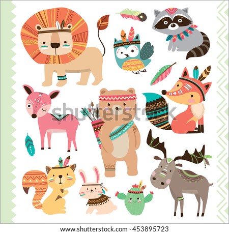 Set of cute tribal animals in cartoon style - stock vector Set of cute tribal animals in cartoon style - stock vector