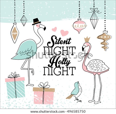 Hand drawn christmas card with lovely couple flamingo Hand drawn christmas card with lovely couple flamingo