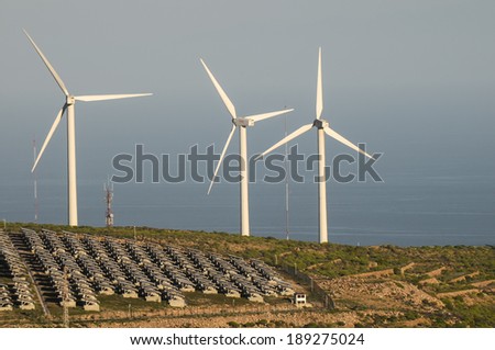 Power Plant Renewable Energy Wind Turbines and Solar Panels - stock 