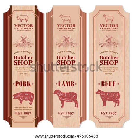 stock vector butcher shop packaging design label fresh beef pork lamb vintage hand drawn vector 496306438