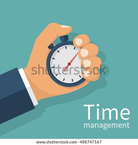 Male hand holding stopwatch. Time management concept. Flat design style vector illustration. Time control, planning. Isolated on background. Male hand holding stopwatch. Time management concept. Flat design style vector illustration. Time control, planning. Isolated on background.