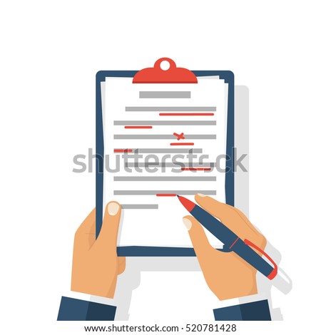 Editing documents to correct errors. Proofreader checks transcription written text. Clipboard and red pen in hands of men. Spell check. Vector illustration flat design. Isolated on white background. Editing documents to correct errors. Proofreader checks transcription written text. Clipboard and red pen in hands of men. Spell check. Vector illustration flat design. Isolated on white background.