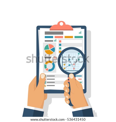Financial accounting concept. Organization process, analytics, research, planning, report, market analysis. Flat style vector. Businessman holding magnifying glass, clipboard financial tables, graphs. Financial accounting concept. Organization process, analytics, research, planning, report, market analysis. Flat style vector. Businessman holding magnifying glass, clipboard financial tables, graphs.
