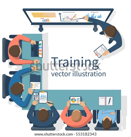 Business training concept. Corporate training staff. Briefing meeting. Business seminar. Vector illustration flat design. Conference employee. Planning decisions. Business training concept. Corporate training staff. Briefing meeting. Business seminar. Vector illustration flat design. Conference employee. Planning decisions.