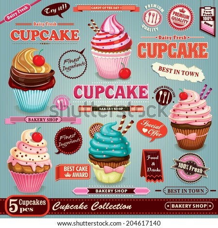 set Vintage vector tree design poster  cupcake vintage   stock Cupcake