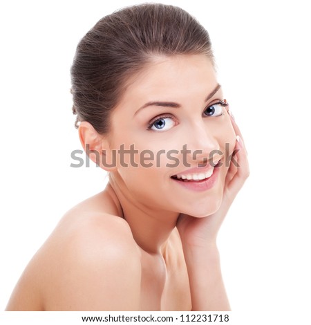 http://thumb1.shutterstock.com/display_pic_with_logo/305215/112231718/stock-photo-side-view-of-a-happy-young-woman-touching-her-face-and-looking-at-the-camera-isolated-on-white-112231718.jpg