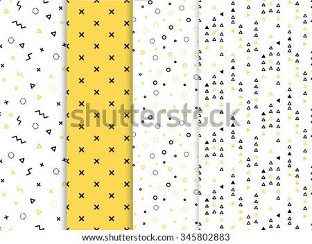 Set of 4 seamless patterns in yellow colors with geometric elements. Pattern in hipster style. Pattern is suitable for posters, postcards, fabric or wrapping paper - stock vector Set of 4 seamless patterns in yellow colors with geometric elements. Pattern in hipster style. Pattern is suitable for posters, postcards, fabric or wrapping paper - stock vector