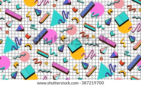 Bright vector pattern 80's. Background checkered bumage. Abstract geometric shapes. Illustration for hipsters Memphis style. - stock vector Bright vector pattern 80's. Background checkered bumage. Abstract geometric shapes. Illustration for hipsters Memphis style. - stock vector