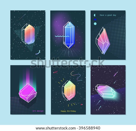 Bright backgrounds set of neon space 80s style crystals with a triangle. Trendy hipster retro background with elements. Hipster gift cards. - stock vector Bright backgrounds set of neon space 80s style crystals with a triangle. Trendy hipster retro background with elements. Hipster gift cards. - stock vector