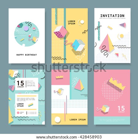 Set Memphis cards for congratulations. Hipster poster, juicy, bright color background. Invitation to a party. - stock vector Set Memphis cards for congratulations. Hipster poster, juicy, bright color background. Invitation to a party. - stock vector