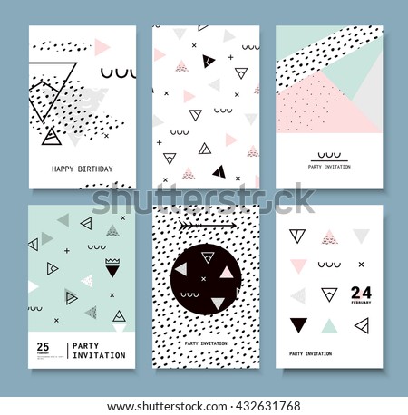 Set Memphis cards for congratulations. Hipster poster, juicy, bright color background. Invitation to a party. - stock vector Set Memphis cards for congratulations. Hipster poster, juicy, bright color background. Invitation to a party. - stock vector