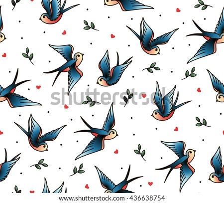 Old school tattoo vector seamless pattern with swallows, twig, heart. Valentine's Day or wedding designs. Cover for notebook or phone. - stock vector Old school tattoo vector seamless pattern with swallows, twig, heart. Valentine's Day or wedding designs. Cover for notebook or phone. - stock vector