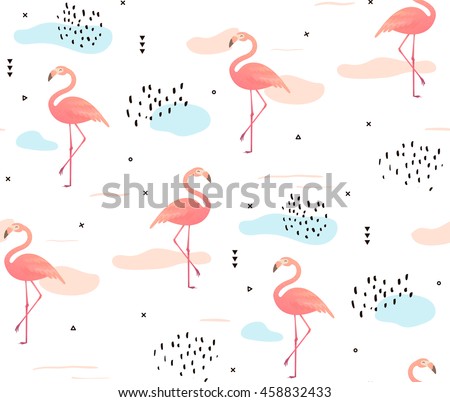 Seamless pattern with pink flamingos. Simple design to fabric. Light pattern. Memphis style with stains and lines - stock vector Seamless pattern with pink flamingos. Simple design to fabric. Light pattern. Memphis style with stains and lines - stock vector