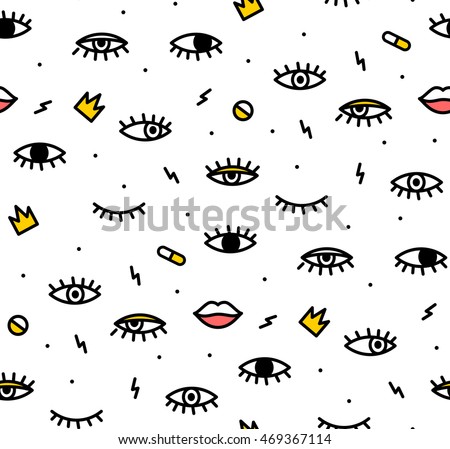 Seamless pattern in the style of psychedelic eyes with his lips. Pattern for fashion with eyes. The template for the cover fabric, books. Modern design for the fabric. Seamless pattern in the style of psychedelic eyes with his lips. Pattern for fashion with eyes. The template for the cover fabric, books. Modern design for the fabric.