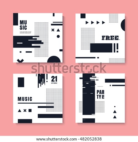 Set of monochrome invitation with effect glitch. Abstract set of invitation with geometric elements. You can use the kit for flyers, leaflets, T-shirts, a techno party. Set of monochrome invitation with effect glitch. Abstract set of invitation with geometric elements. You can use the kit for flyers, leaflets, T-shirts, a techno party.