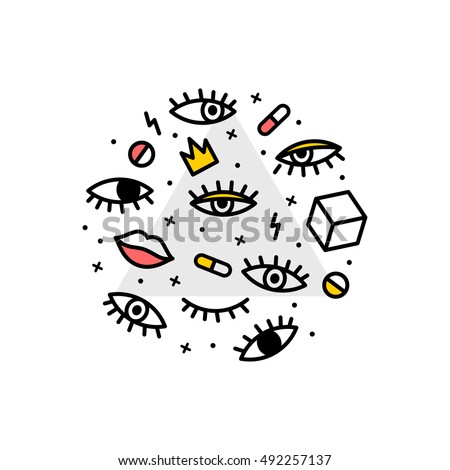 Illustration with design elements 80's. Circle with the eyes, lips and crown. Psychedelic pints fabric, bags, T-shirts, postr. Illustration with design elements 80's. Circle with the eyes, lips and crown. Psychedelic pints fabric, bags, T-shirts, postr.