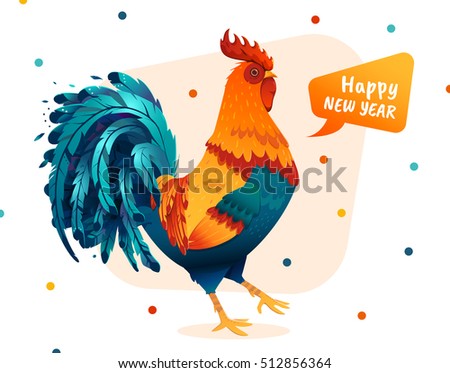 Rooster illustration for the new year 2017. Happy New Year text in a bubble. Symbol of 2017 on the Chinese calendar. Fire rooster on a background of colored circles. Rooster illustration for the new year 2017. Happy New Year text in a bubble. Symbol of 2017 on the Chinese calendar. Fire rooster on a background of colored circles.