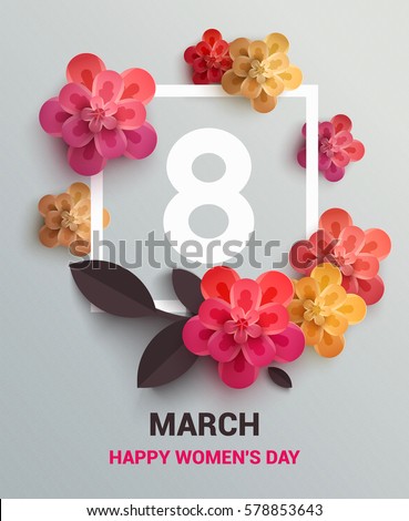 Postcard to March 8, with paper flowers. Illustration can be used in the newsletter, brochures, postcards, tickets, advertisements, banners. Congratulations to the Women's Day. Postcard to March 8, with paper flowers. Illustration can be used in the newsletter, brochures, postcards, tickets, advertisements, banners. Congratulations to the Women's Day.